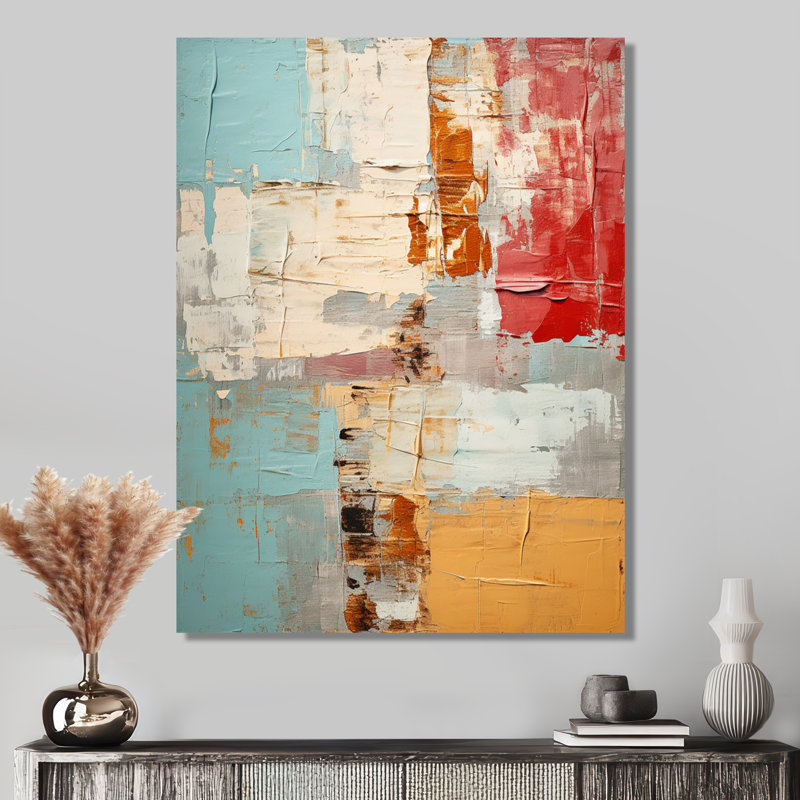 «Nostalgia In Blue Red Orange - Abstract Collages», art mural, Toile avec cadre flottant noir, H 20 po x l 12 po x P 1 po