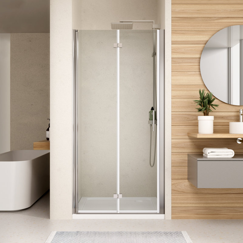 Porte de douche pliante sans cadre l 34 à 35,4 po x H 72 po, porte de douche en verre trempé clair de 1/4 po (6 mm), porte de douche pivotante pivotante en finition chromée, installation réversible