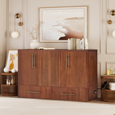 Solid Wood Queen Murphy Bed Cabinet with Storage Drawer, Built-in Charging station, Walnut Finish (Mattress Included)
