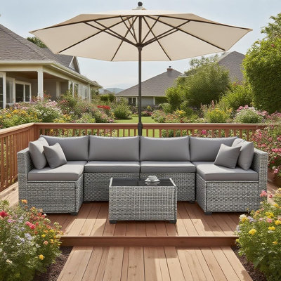 Ensemble de mobilier d'extérieur 7 pièces, canapé en rotin tissé avec coussins gris doux et structure en acier, table basse incluse, ensemble de conversation extérieur gris