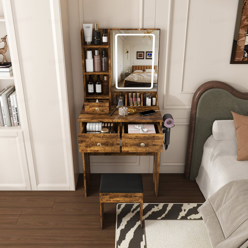 Small Vanity Desk ,featuring 3 modes of LED lighting with adjustable brightness, 3 drawers and multiple open storage shelves, a hair dryer holder and power socket,and a dressing chair