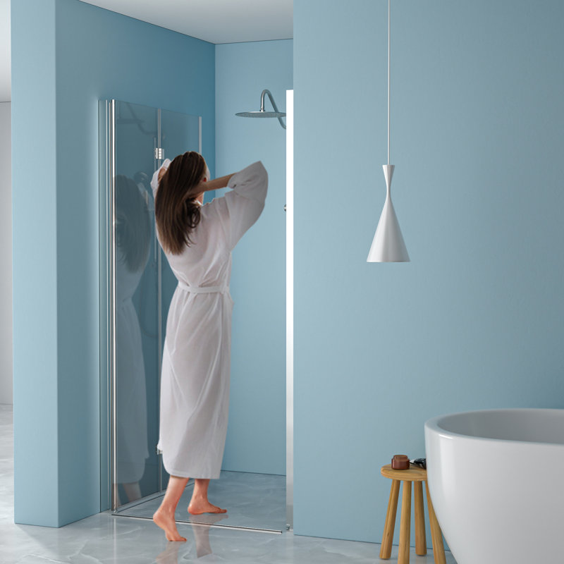 Porte de douche pliante en verre trempé l 34 po x H 72 po, finition eau idéale pour redécorer la salle de bain Options d'installation flexibles Maximiser l'utilité
