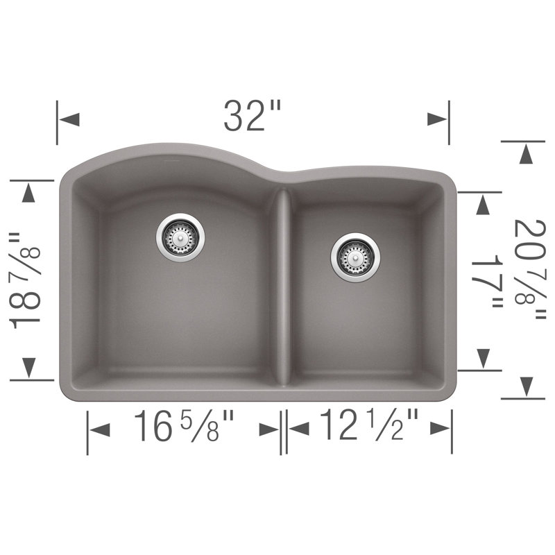 Diamond SILGRANIT 32" 60/40 Double Bowl Undermount Kitchen Sink, Metallic Gray