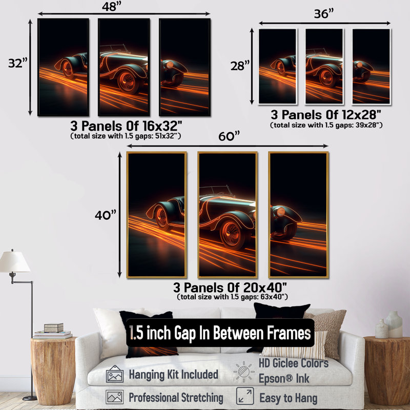 Ensemble de décoration murale rétro Neon Light Strips Roadster I, Cadre flottant doré, H 32 po x l 48 po x P 1 po