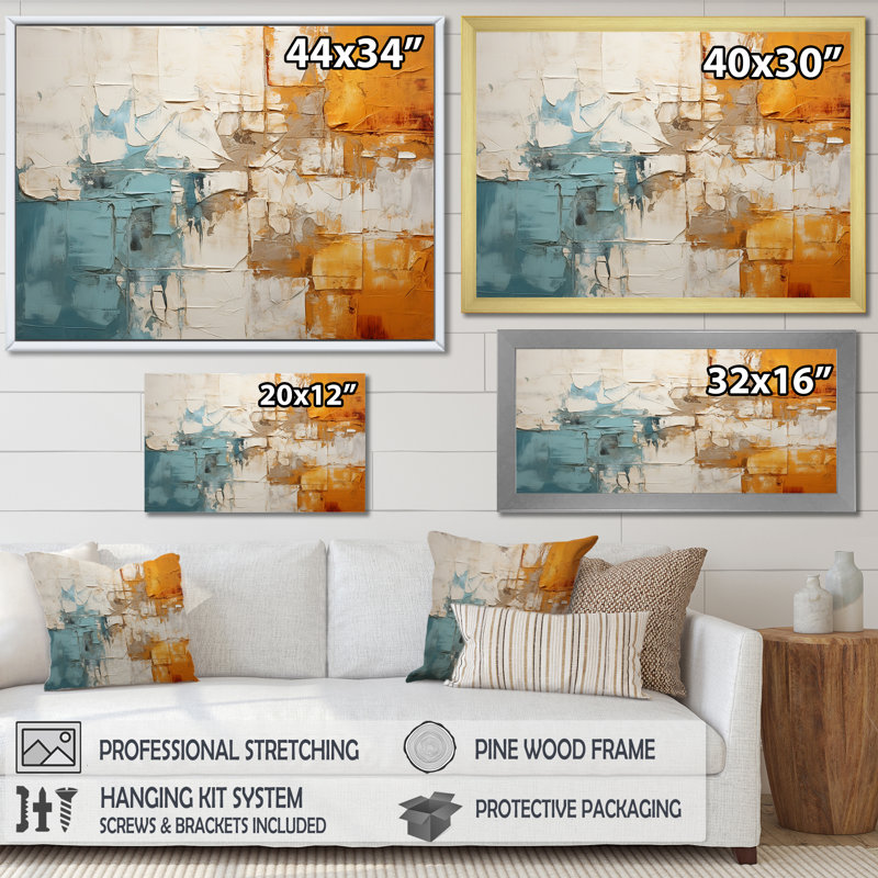 «Yellow and Teal Fusion of Colors - Abstract Collages», reproduction d'art sur toile, Cadre flottant noir