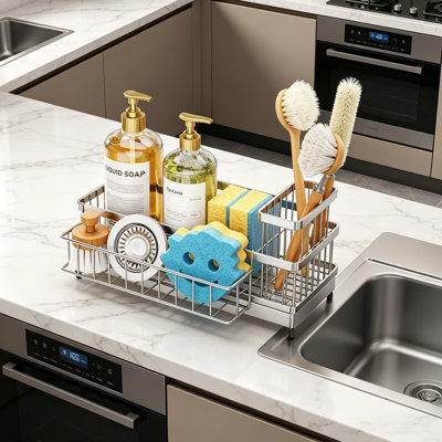 Sponge Holder for Kitchen Sink, Auto Draining Sink Caddy Organizer with Detachable Rack, High Brush Holder, Kitchen Countertop Storage Accessories, Stainless Steel Silver