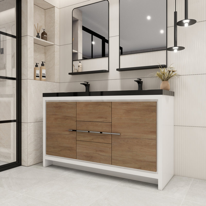 Ensemble de meuble-lavabo double 60 po Bayyinahi, Chêne blanc