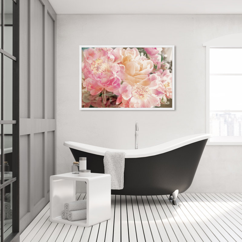 Fleurs roses, pivoines, impression sur papier, Cadre blanc, H 32 po x l 47 po
