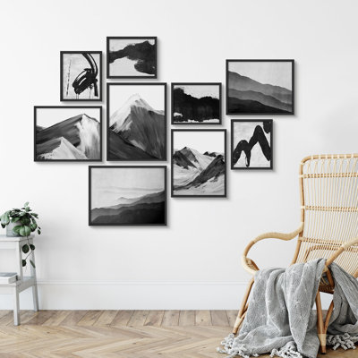 Petit paysage de montagne monochromatique abstrait noir et blanc, art moderne, petit décor