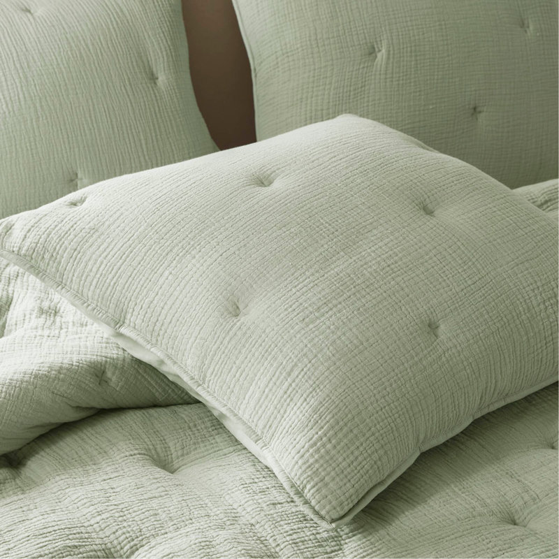 Ensemble de courtepointe brodée en gaze de coton 3 pièces, sauge, Courtepointe très grand + 2 taies d'oreiller, Vert