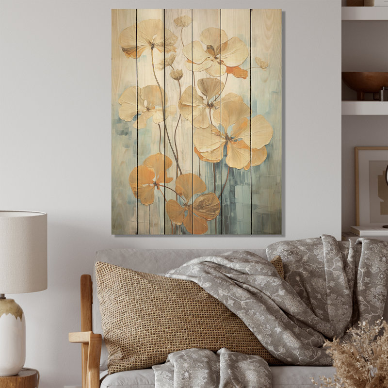 «Golden Blue Geraniums Bloom I - Geraniums», art mural sur bois de pin naturel, H 20 po x l 10 po