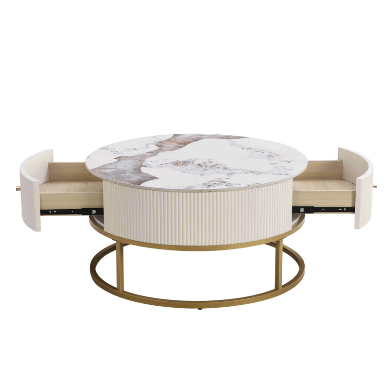 Modern Round Coffee Table with Drawers, Marble Table with Storage, Coffee Table