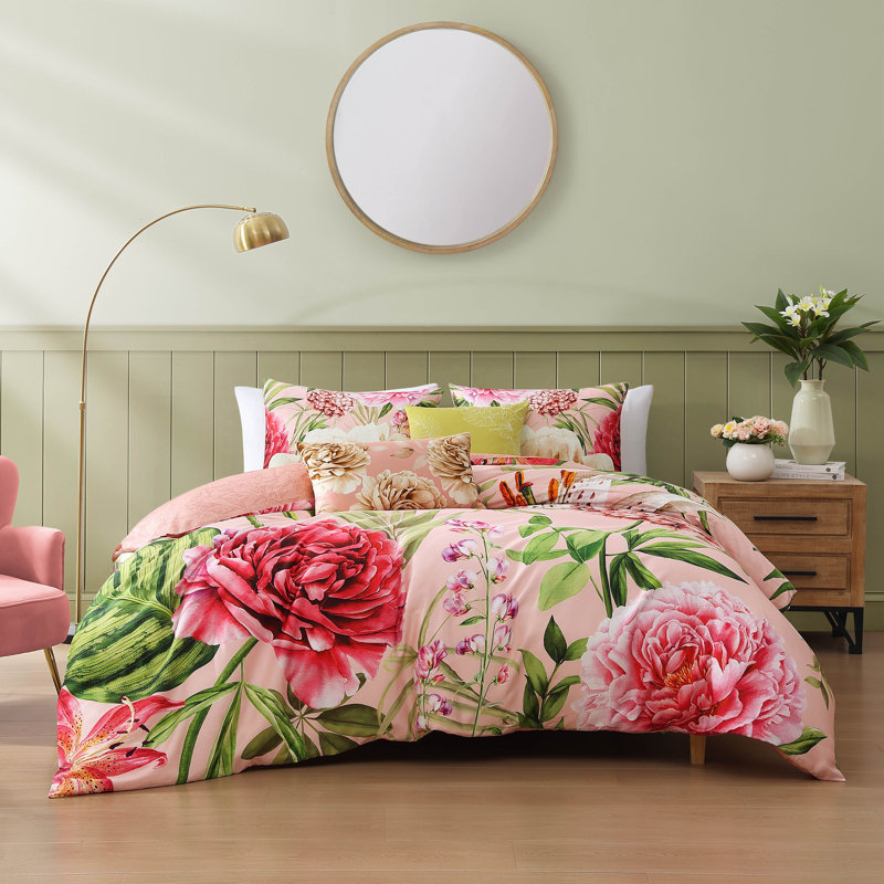 Queen Pink Cotton Reversible Floral Comforter Set