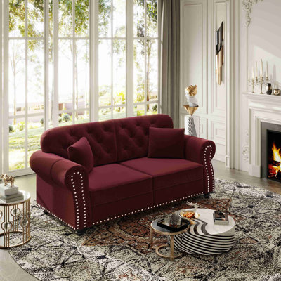 Canapé Chesterfield de 63 po en velours avec garniture cloutée et accoudoirs roulés, canapé de style Mid-Century moderne capitonné, comprenant 2 coussins
