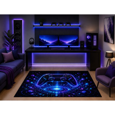"Ultra Lightweight" 5'x7' Digital Pixel Gaming Controller Area Rug Neon Tech Abstract Art Gamer Bedroom Game Room Teen Room Decor Non-Slip Silicone Backing Low Pile