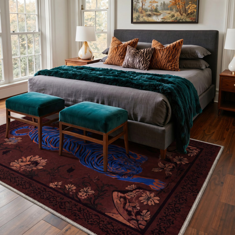 Tapis de sol performant à poils courts, lavable, antidérapant, à motifs animaux brun et bleu, Rectangle de 10 pi x 14 pi