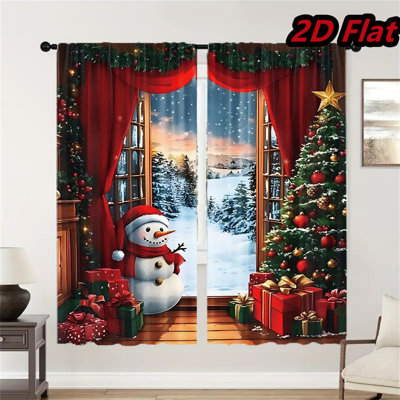 2Pcs Christmas Decor Window Curtains Snowman Tree Winter Scene Printed Red with Xmas Gifts Festive Holiday Design Room Darkening Panels for Living Bedroom Home