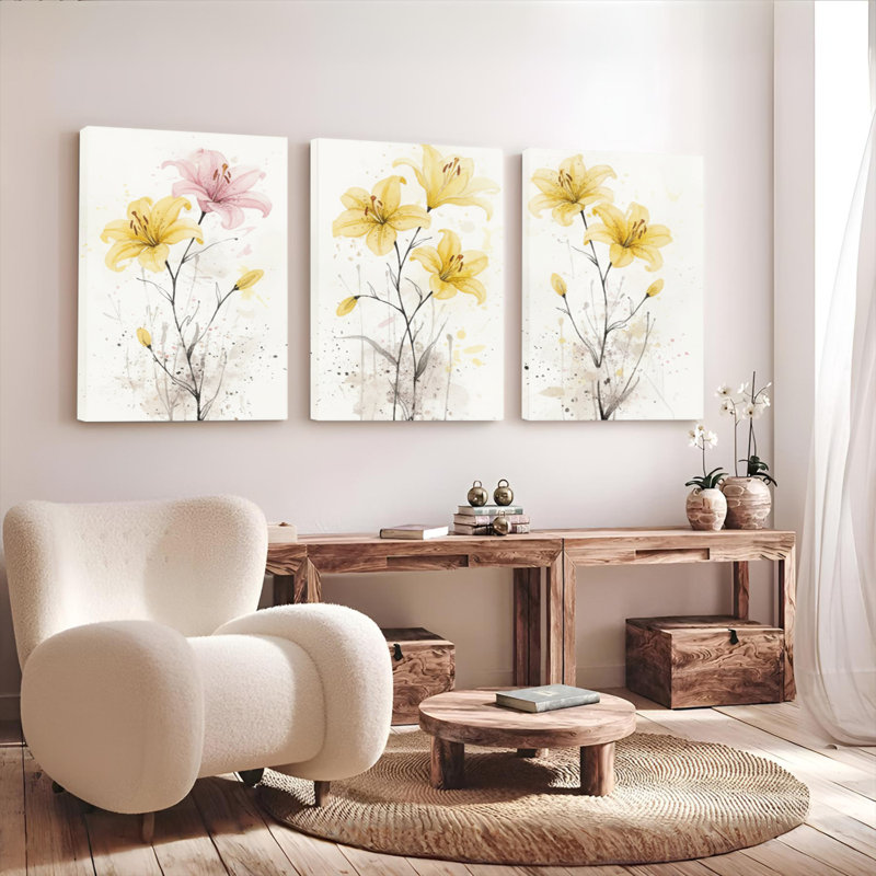 Tableau mural sur toile tendue à motif floral de lys à l'aquarelle (paquet de 3), H 24 po x l 48 po