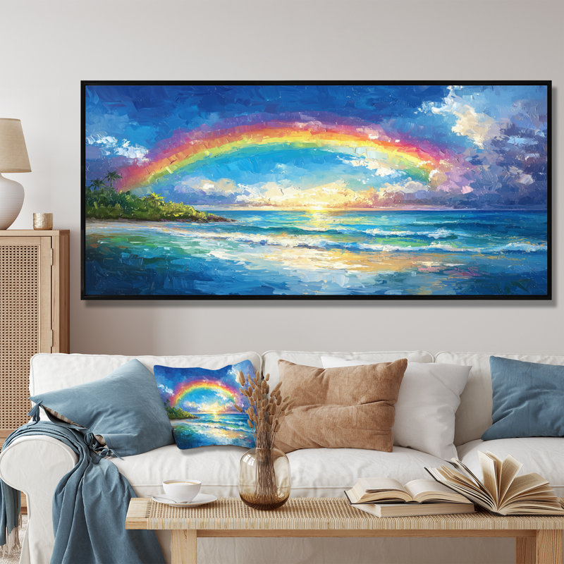 Arc-en-ciel dans les îles tropicales - art mural arc-en-ciel, H 28 po x l 60 po, Cadre flottant noir