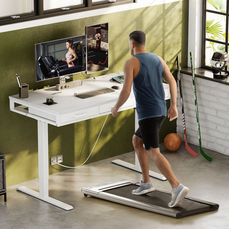 Electric Standing Desk With 3-tier Spacious Fabric Drawers, Height Adjustable Desk With Recessed Power Outlets, Sit Stand Table With Hidden Cable Management Tray