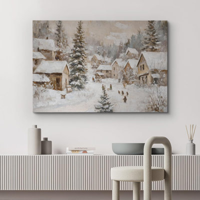 «Vintage Winter Snowy Village Landscape Countryside Road Holiday Decor», reproduction d'art sur toile encadrée