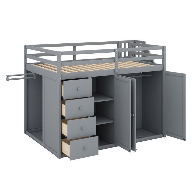Lit mezzanine avec armoires encastrées, armoires et tiroirs, Gris