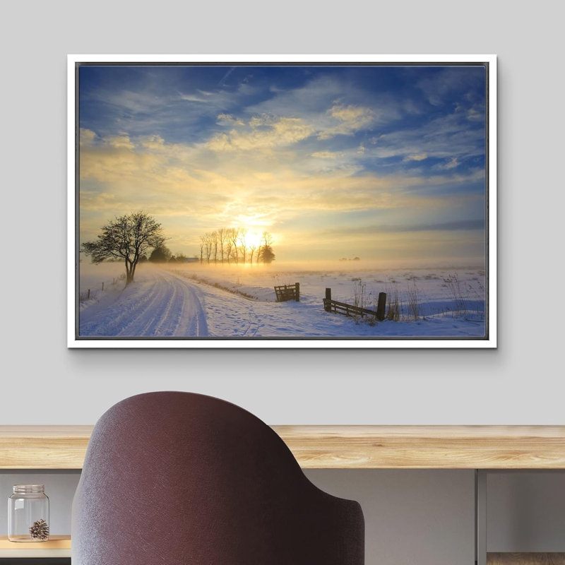Paysage coucher de soleil en hiver avec neige dans les villes des Pays-Bas, impression sur toile, Cadre flottant blanc