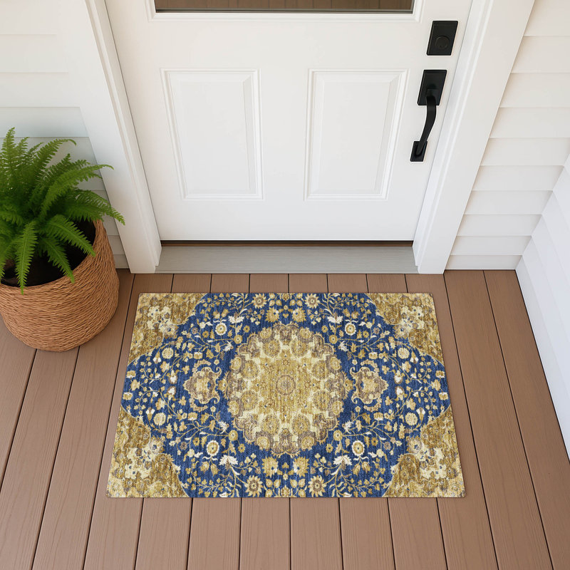 Tapis damassé intérieur / extérieur lavable à la machine ACN2611, Marine, 1 pi 8 po x 2 pi 6 po