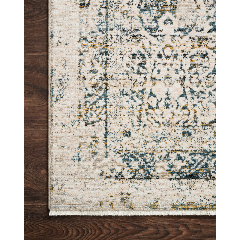 Tapis ivoire / bleu sarcelle / or Fuhrman, Rectangle 3 pi 7 po x 5 pi 2 po