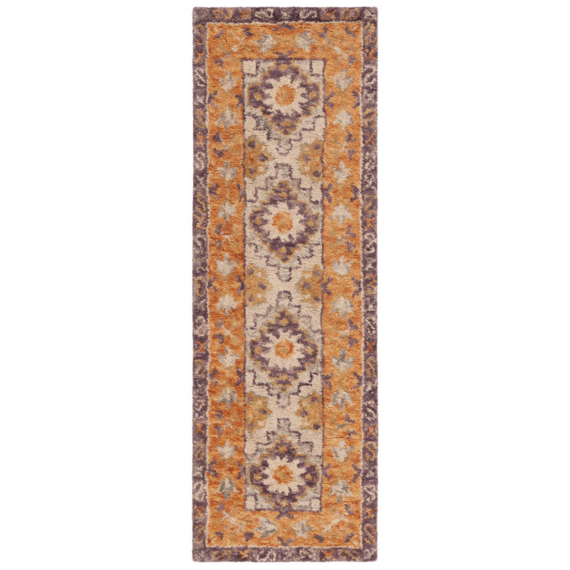 Tapis orange / beige en laine / coton touffeté à la main, Tapis de couloir 2 pi 3 po x 7 pi