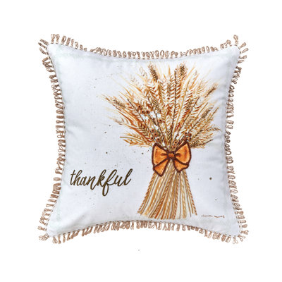 Thankful Wheat Printed and Embroidered Throw Pillow