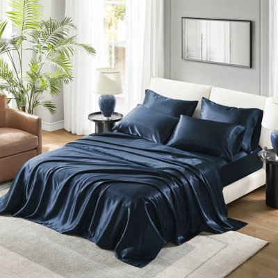 Hanni Twin Satin Luxury Bed Sheet - Wrinkle- Grace. Fits Up To 16" Mattresses. Includes 1 Flat Sheet, Fitt In Dark Blue