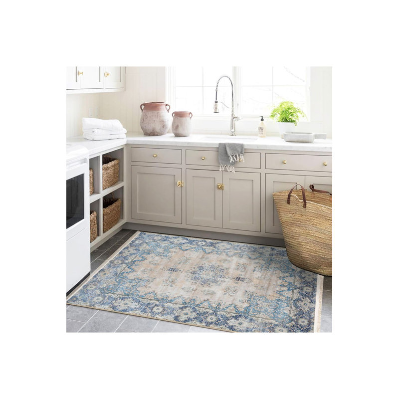 Tapis décoratif lavable à motif traditionnel beige, Tapis de couloir 3 pi 3 po x 6 pi 7 po inclus