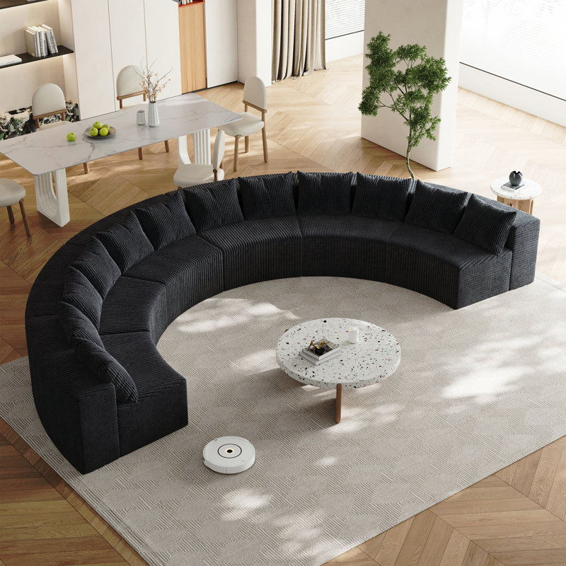 Canapé modulaire incurvé en mousse avec 12 coussins Corduroy, Velours côtelé noir