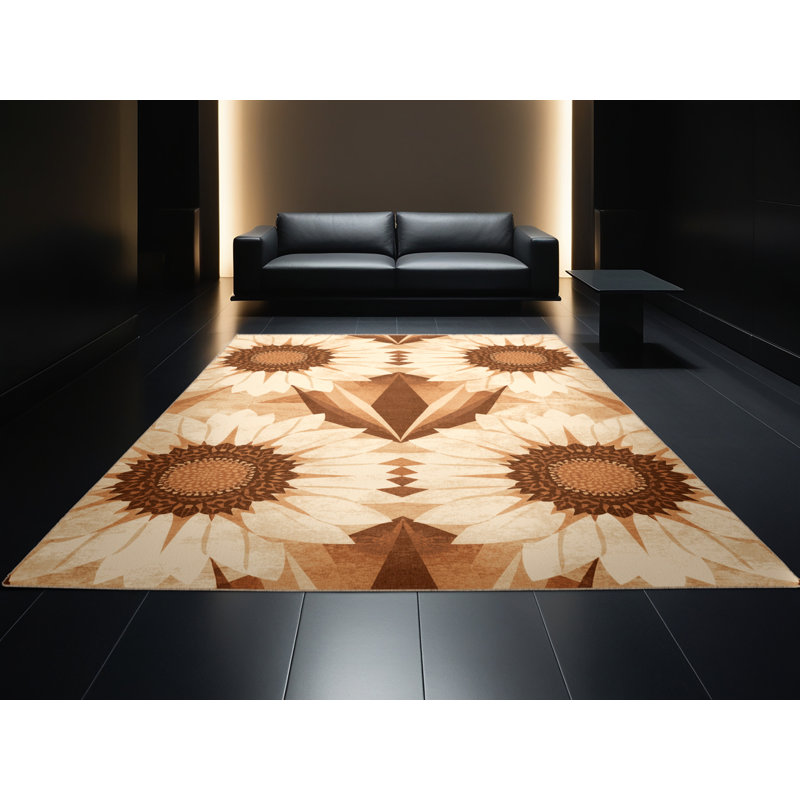 Machine Washable Ortencia Sunflower Farmhouse / Country Geometric Shapes Rug in Beige – Beige Binding, 7' Square