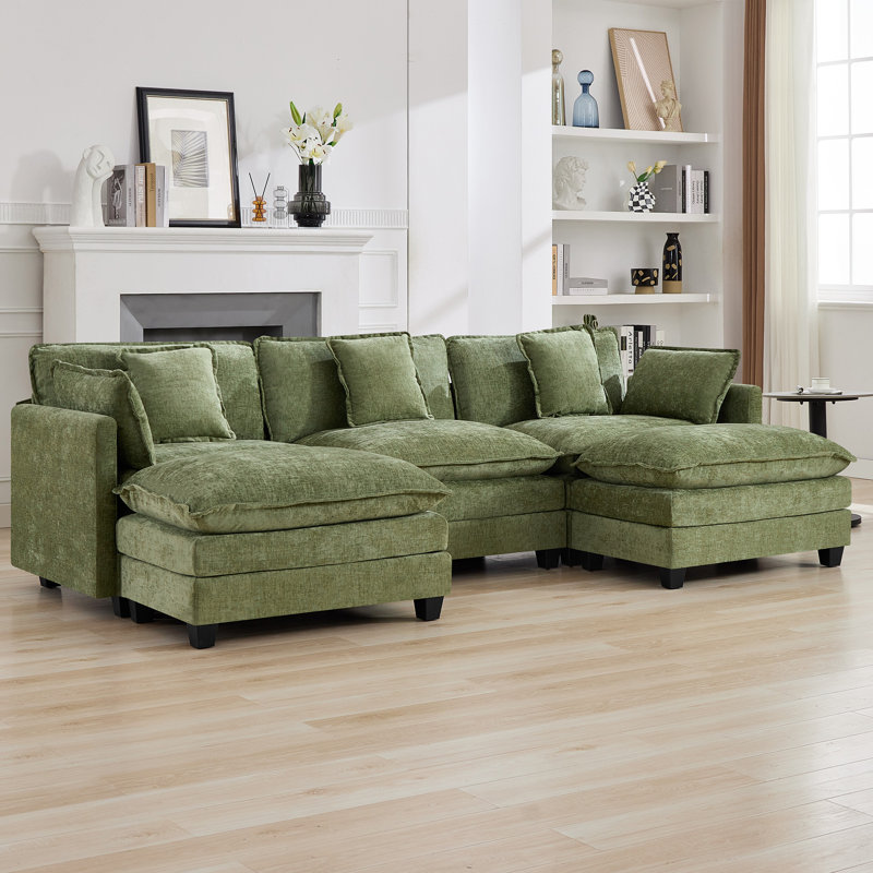Canapé modulaire rembourré en chenille avec repose-pieds Chenille, 3 sièges + 2 repose-pieds, Vert