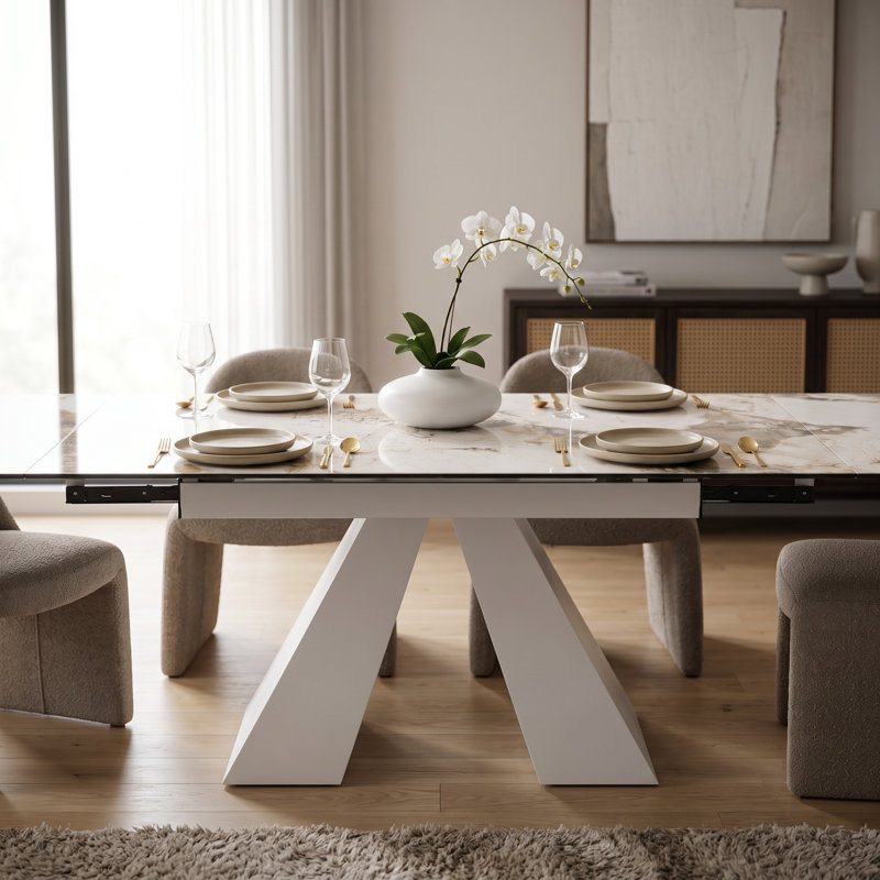 Table de salle à manger extensible 63 "à 94,48" moderne Glam Pandora avec base en acier au carbone pour 8-10, White