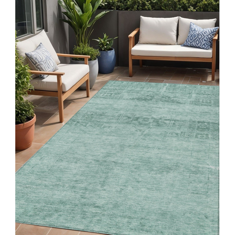 5' X 8' Aqua And Teal Blue Medallion Washable Indoor Outdoor Area Rug