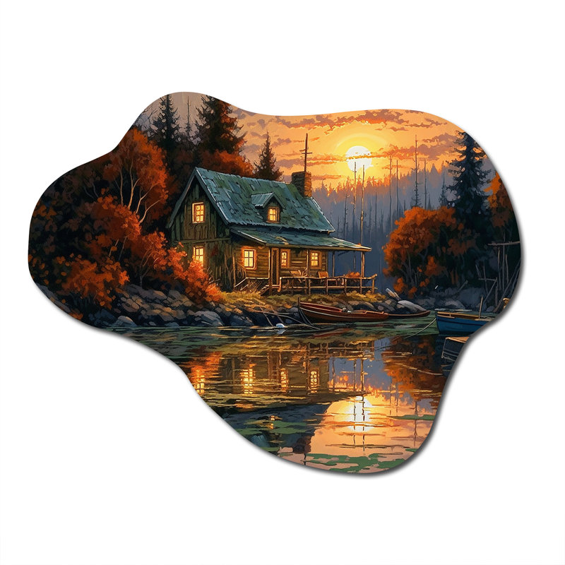 «Autumn Sunset Cottage I», reproduction d'art sculpture en métal Freeform, H 27 po x l 35 po x P 1 po