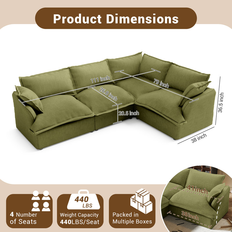 Canapé modulaire en lin mélangé Linen Blend, canapé convertible rembourré Cloud, Mélange de lin vert