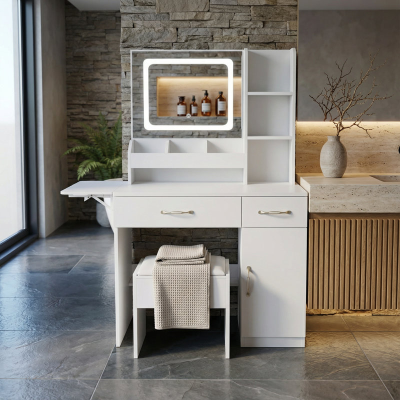 White LED Mirror Vanity Desk with Charging Station and Storage Stool - Makeup Dressing Table with Multiple Drawers and Shelves for Bedroom Organization