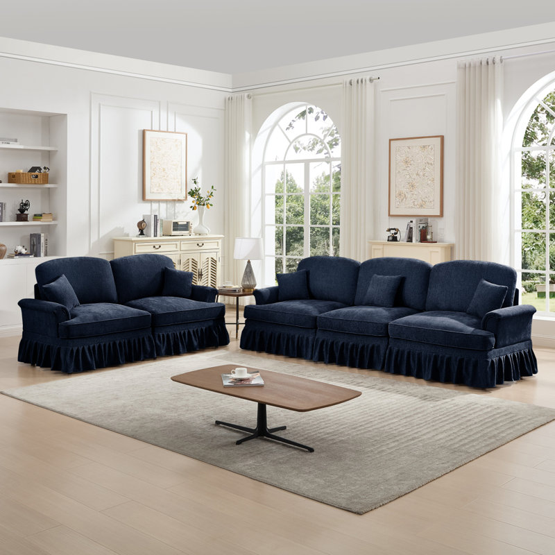 Ensemble de canapé de salon modulaire classique 2 pièces avec accoudoirs évasés et volants amovibles, jupes plissées et pieds fuselés, canapé 3 places + ensemble de canapé causeuse 2 places pour le salon, bleu