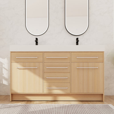 60" Freestanding Double Bathroom Vanity with Resin Basin Sink Top, Floor Standing Vanity with 2 Doors and 6 Drawers