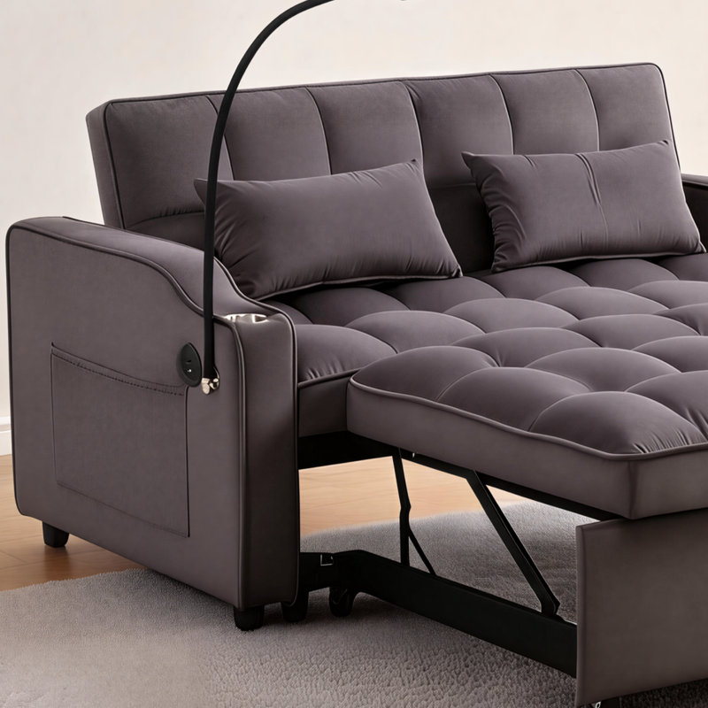 Canapé multifonctionnel en velours à deux places, dossier réglable, pouvant être converti en lit, comprenant des coussins et des sacs de rangement, gris foncé.