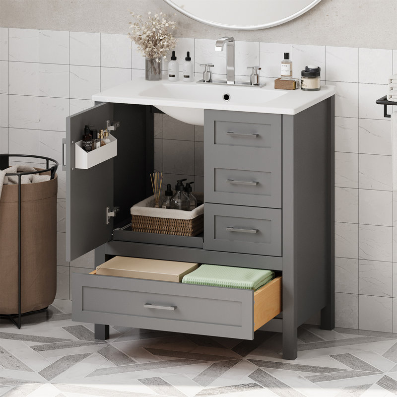 Ensemble de meuble-lavabo avec lavabo 30 po, armoire de rangement pour salle de bain avec porte à fermeture douce, 3 tiroirs à fermeture douce et plateau amovible, structure en bois massif