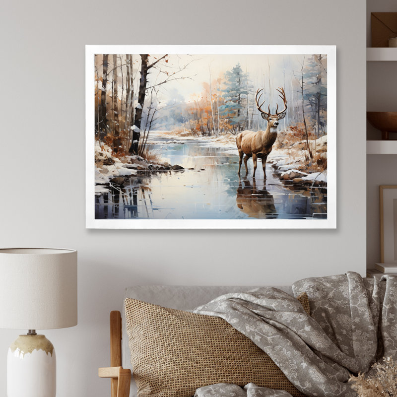 Cerf hiver sérénade - art mural grand cerf, H 24 po x l 32 po x P 1 po, Cadre simple blanc