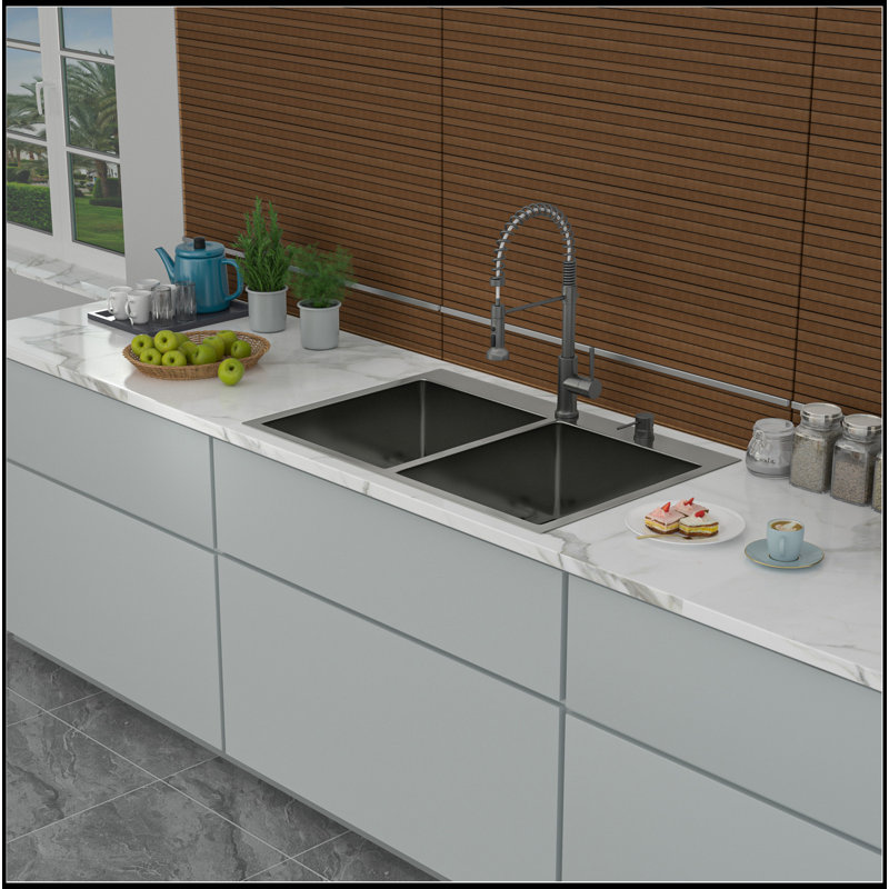 33"X22" Gunmetal Black  Double Bowl Kitchen Sink 16 Gauge With Two 10" Deep Basin