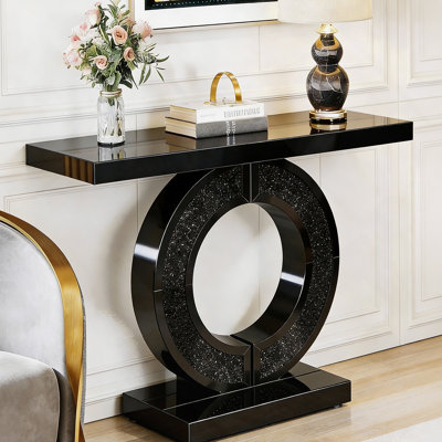 O Shaped Mirrored Console Table With Crystal Entryway Table For Living Room, Foyer, Hallway Entry Home Decor(Black)