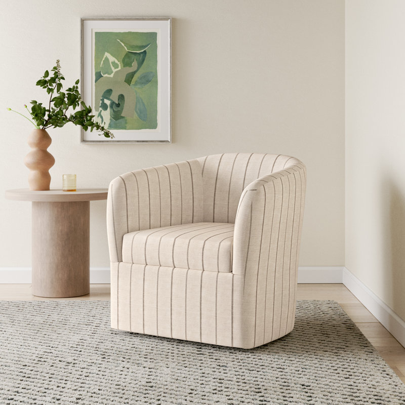 Lesia Upholstered Swivel Barrel Chair, Fritz Charcoal Stripe