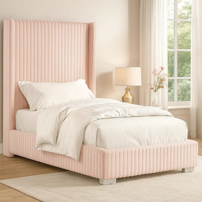 Wolo Full Size Bed, Pink Channel Tufted Fur Chenille Upholstery